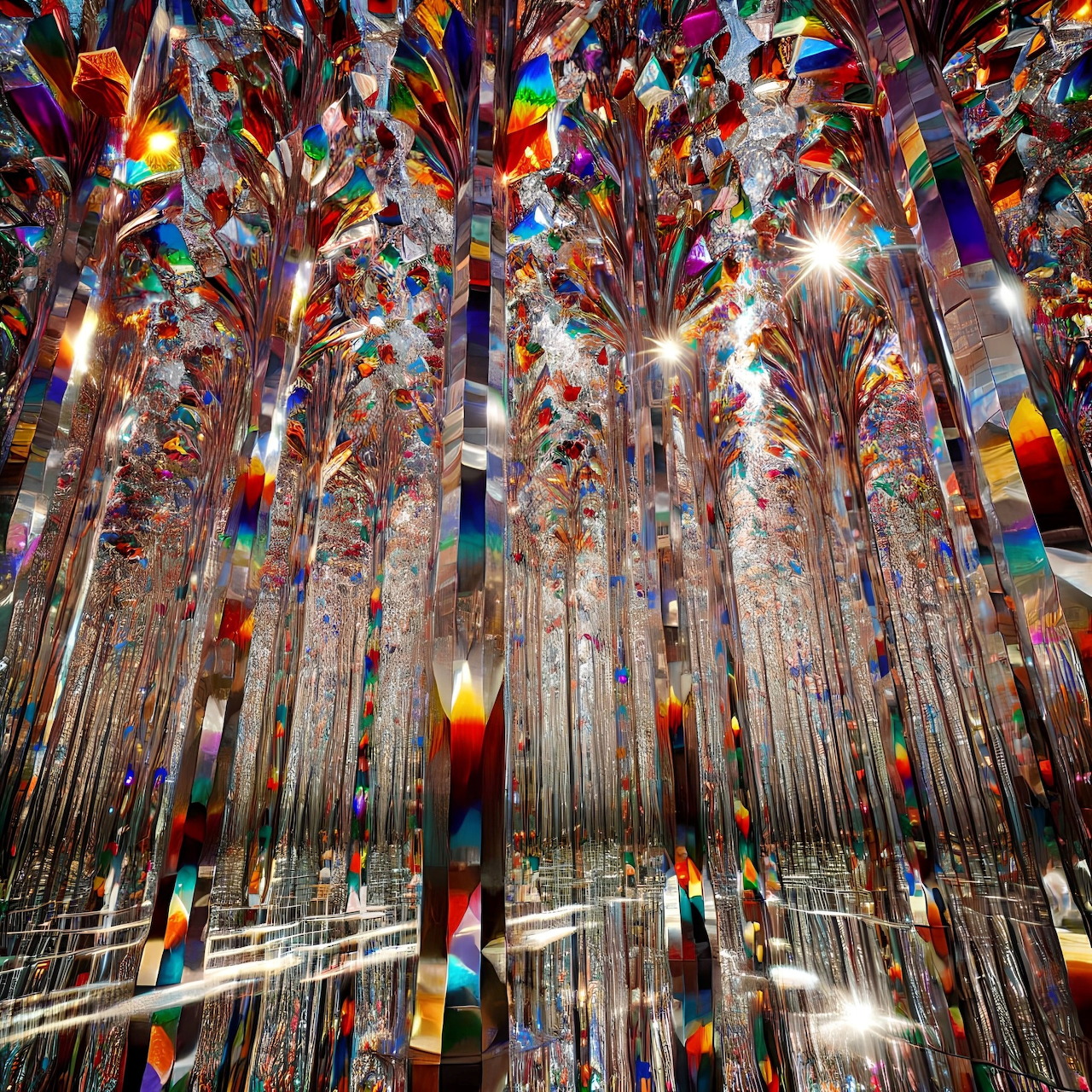 Art installation with transparent crystal columns reflecting rainbow colors in an indoor space