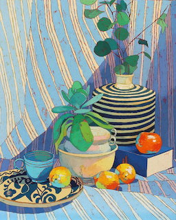 Still life painting with striped vase, fruits, bowls, and eucalyptus on blue striped background