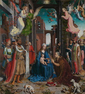 Renaissance painting of the Adoration of the Magi with Mary, Jesus, three kings, and angels in ornate archway