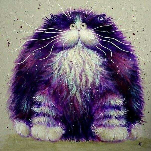 Illustration of a fluffy purple cat with a white chest and paws on a light background