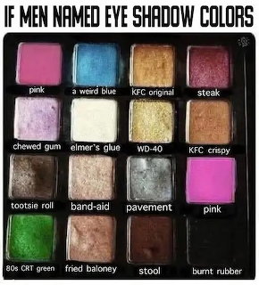 Colorful eyeshadow palette with humorous text labels for each shade