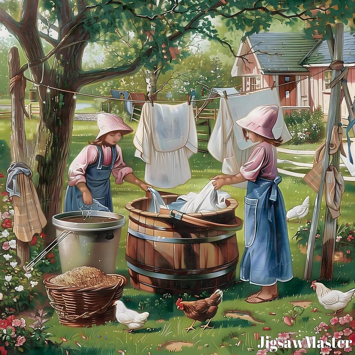 Painting of two women doing laundry outdoors beside wash tubs and clotheslines in a garden