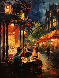 Impressionist painting of a couple at an outdoor café table on a lamp-lit city street at night