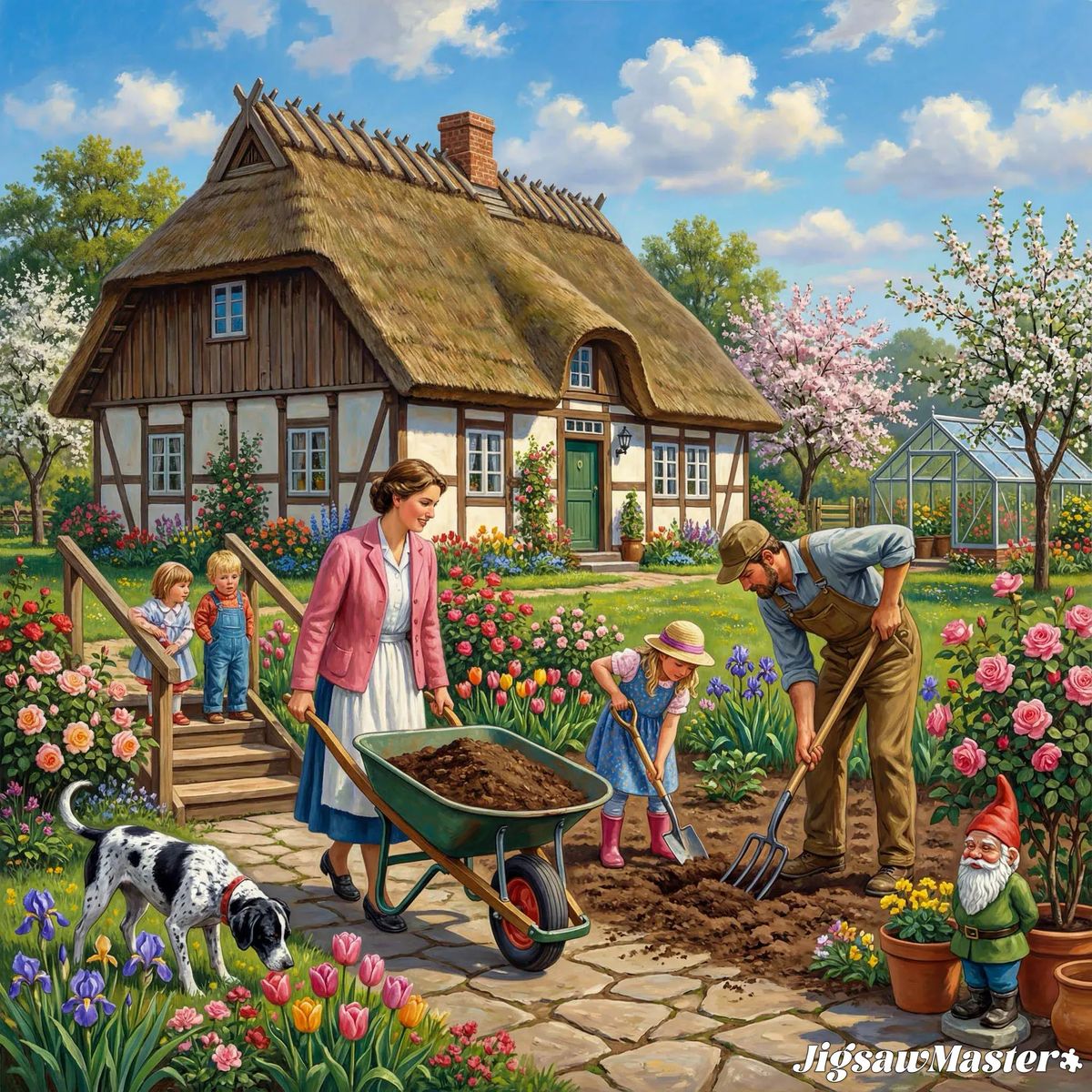 Family gardening together near thatched cottage with colorful flowers and spring trees