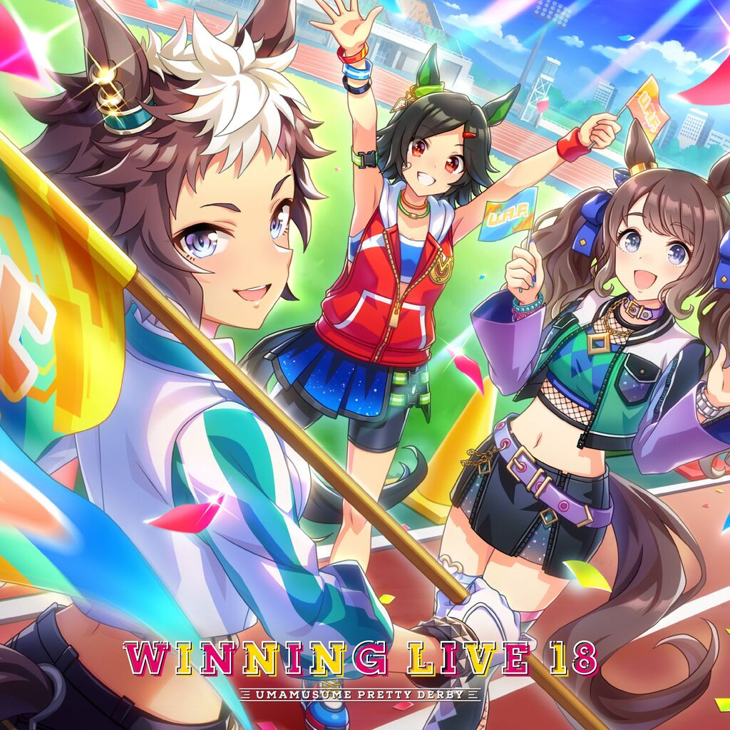 Three anime idol girls in colorful outfits with rainbow ribbons and sparkles