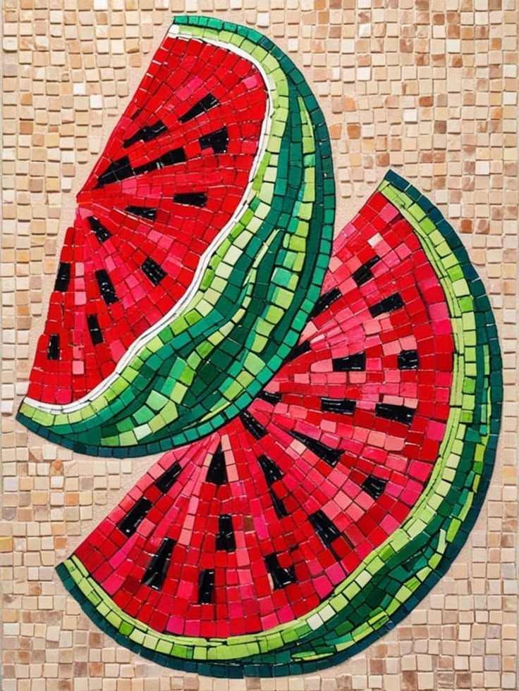 Mosaic illustration of three watermelon slices on a beige tile background