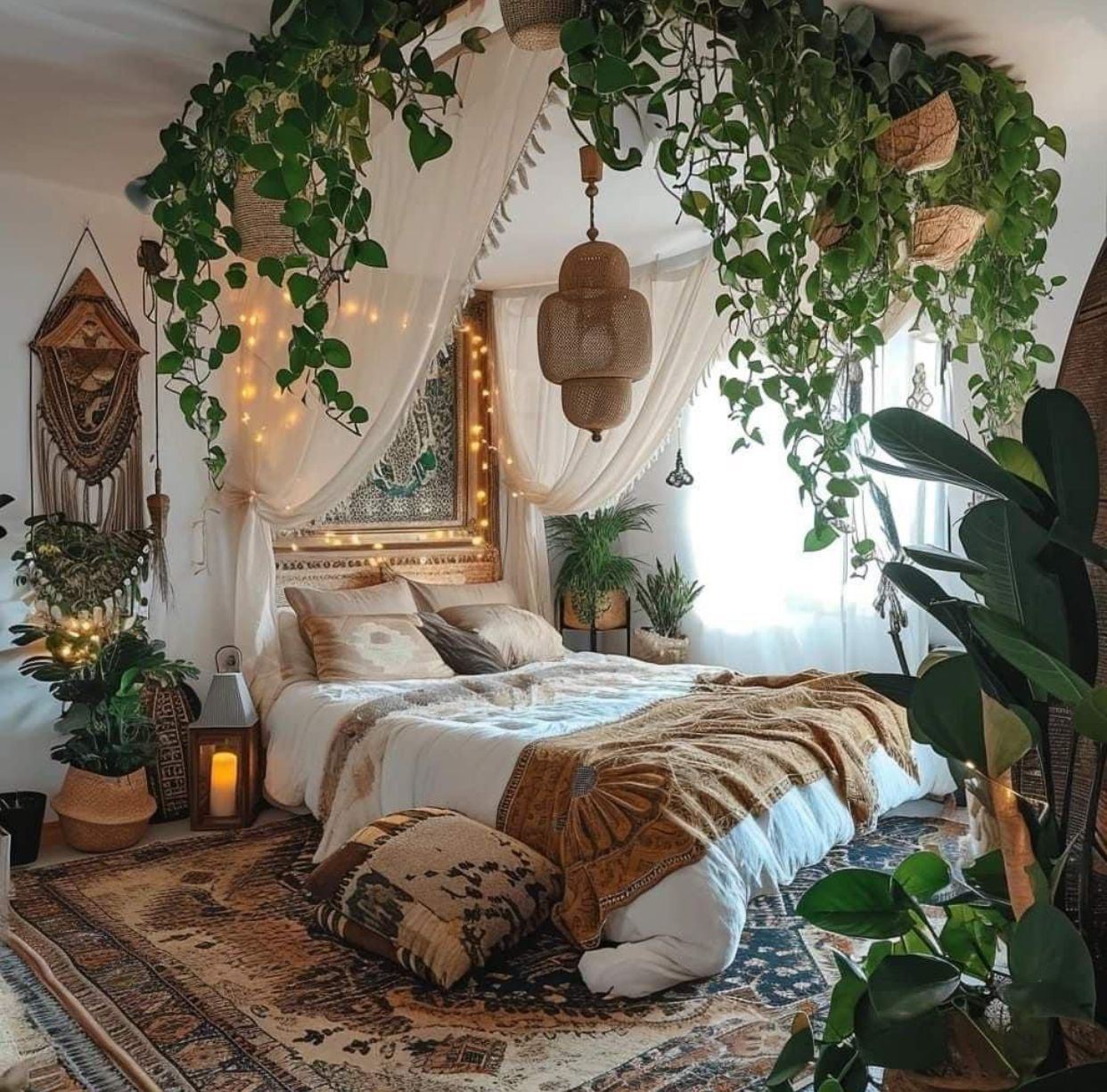 Boho bedroom with canopy bed, hanging vines, rugs, soft lighting, and many indoor plants