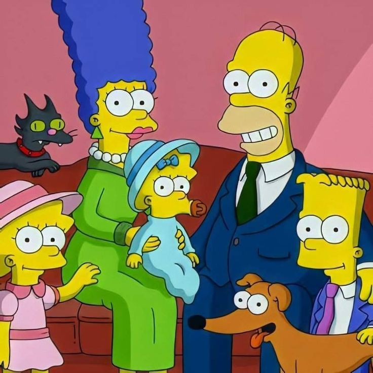 Animated Simpson family portrait with Homer, Marge, Bart, Lisa, Maggie and pets against pink background