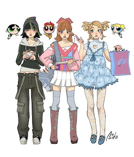 Anime-style drawing of three teenage girls representing Blossom, Bubbles, and Buttercup from Powerpuff Girls