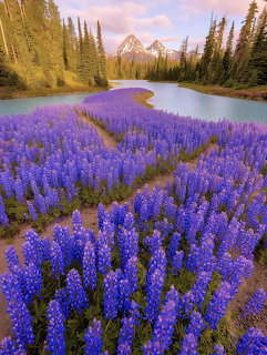 Field of purple lupine wildflowers with mountain stream, forest and peaks at sunset