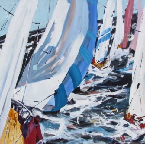 Abstract painting of sailboats with white and blue sails on rough ocean water with expressive brushstrokes