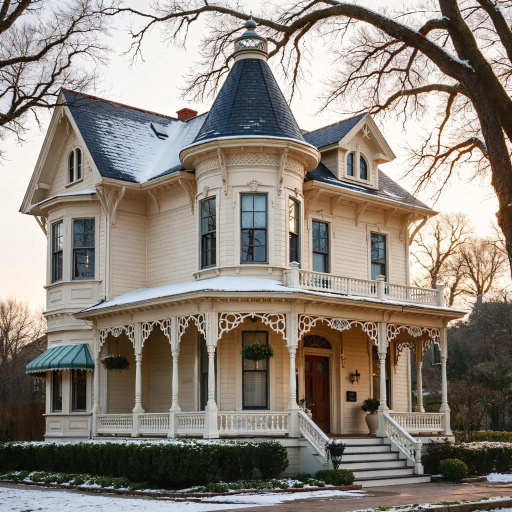 Cream Victorian house with turret, wraparound porch, and decorative trim in snowy setting with bare winter trees