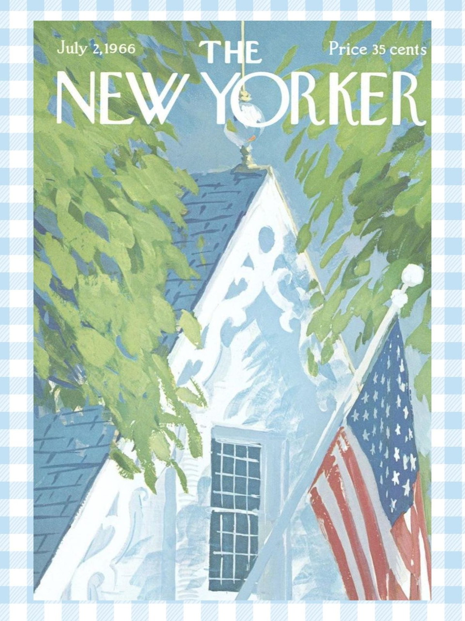 New Yorker magazine cover July 2 1966 showing white church steeple, American flag, and green trees
