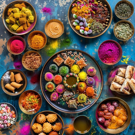 Colorful Indian sweets and desserts in bowls arranged on blue table with flowers