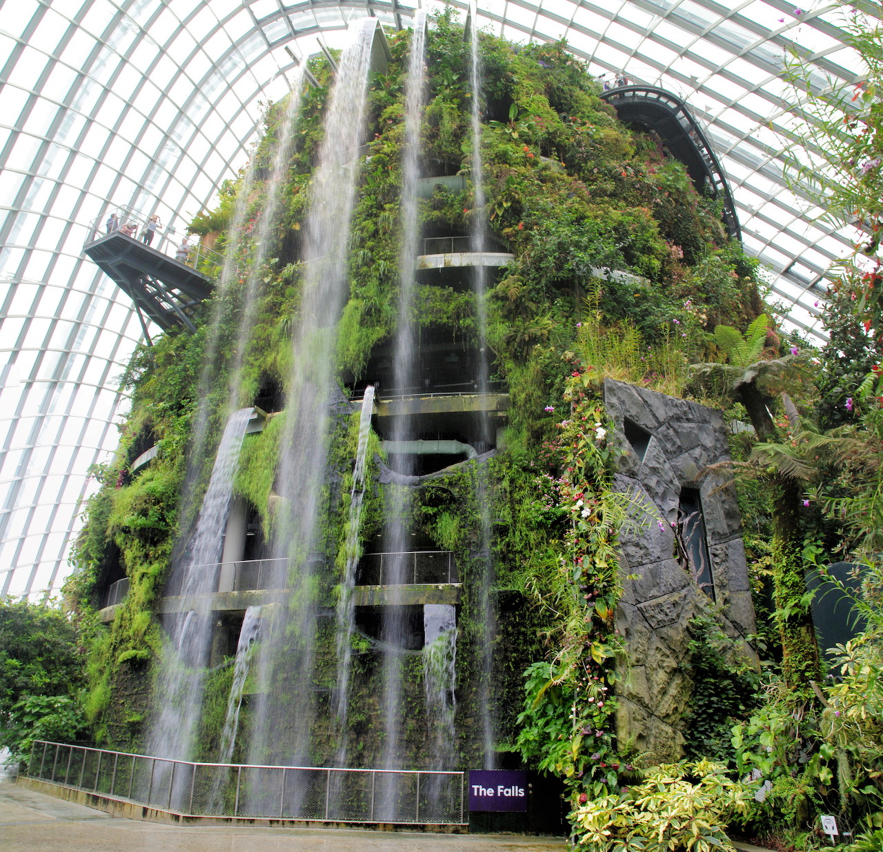 Tall indoor waterfall flowing down a vegetation-covered mountain inside a glass-domed conservatory