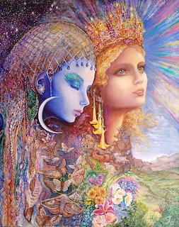 Two women in profile representing night and day with elaborate celestial headdresses and flowers against radiating light