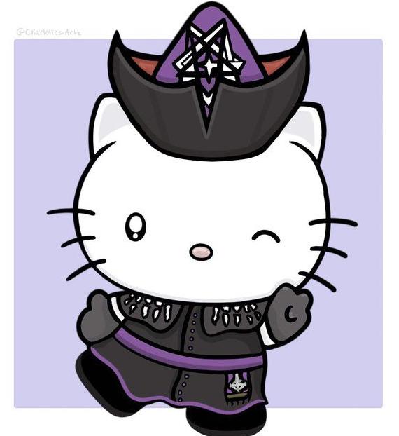 Hello Kitty cartoon character wearing black Ghost band costume with purple star hat