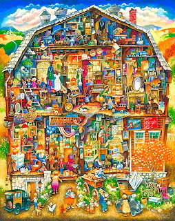 Colorful cartoon cross-section of a barn packed with antiques, toys, and people on multiple levels