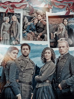 Collage of Outlander TV series promotional photos showing cast members in 18th century Scottish and World War era costumes