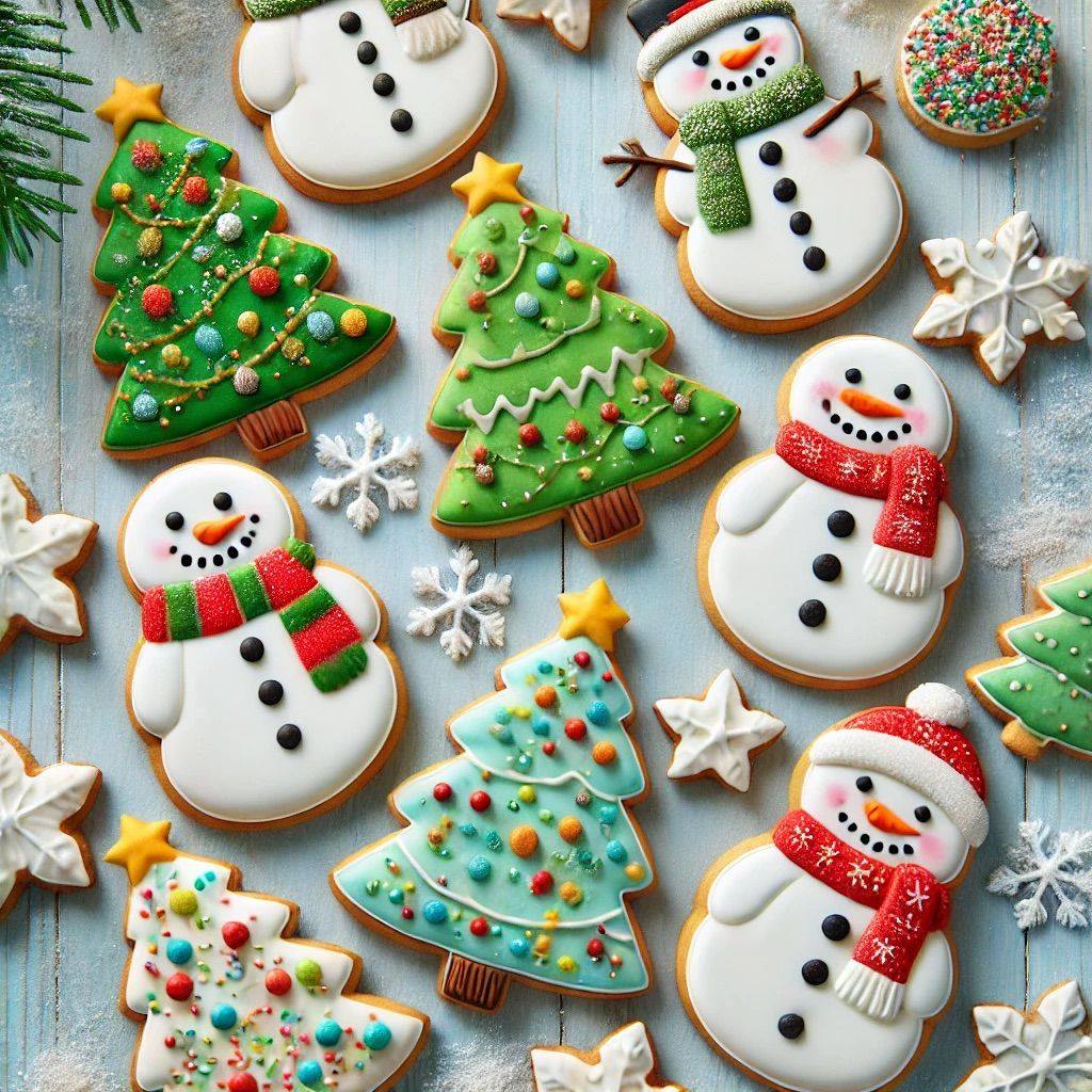 Assorted Christmas cookies shaped as snowmen, trees, and snowflakes with festive icing on white wood background