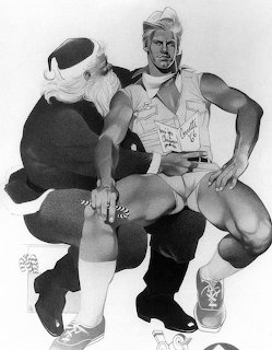 Black-and-white drawing of Santa beside a muscular man in a cowboy outfit and boots