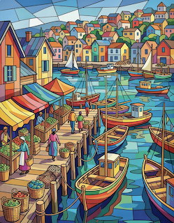 Colorful illustrated harbor with boats, market stalls, and waterfront houses