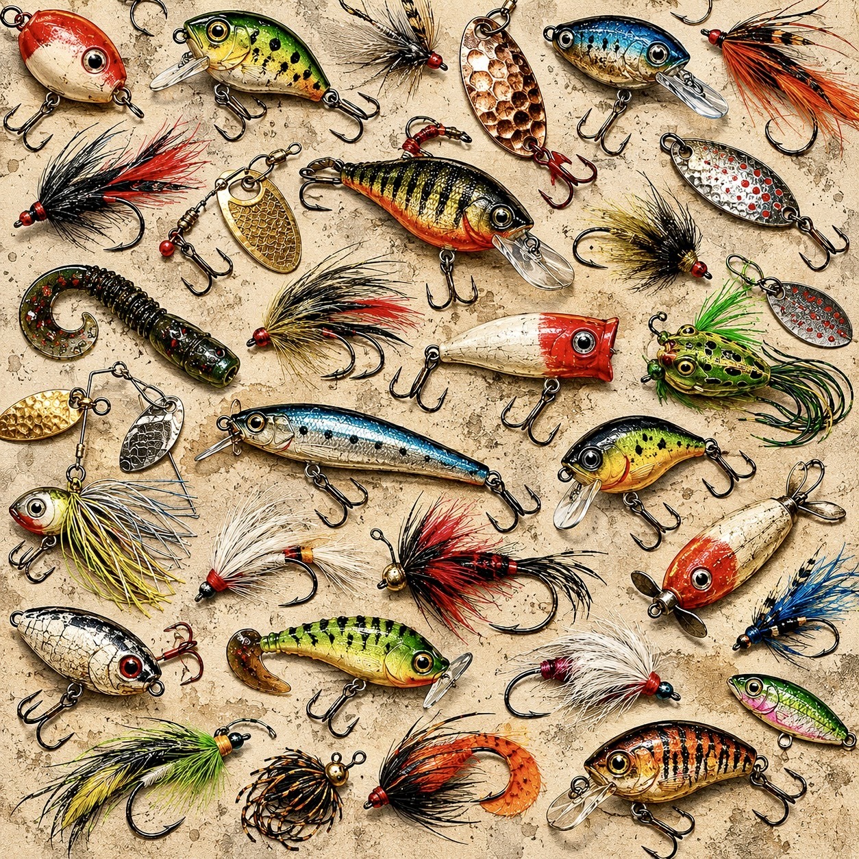 Collection of various colorful fishing lures and flies arranged on a beige background