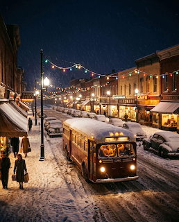 Vintage bus on a snowy downtown street at night with glowing storefronts and holiday lights