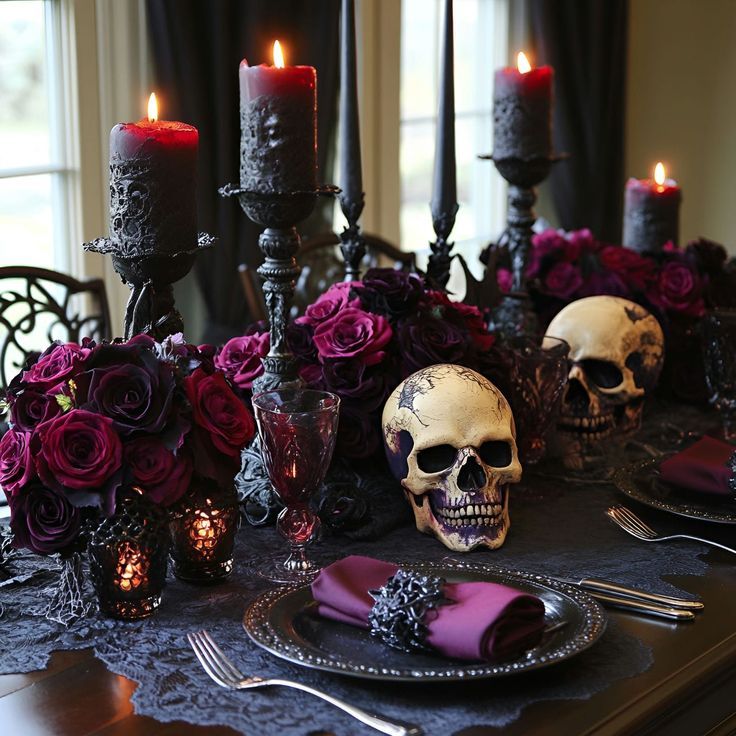 Gothic dining table with skulls, black candles, red roses, and silver plates