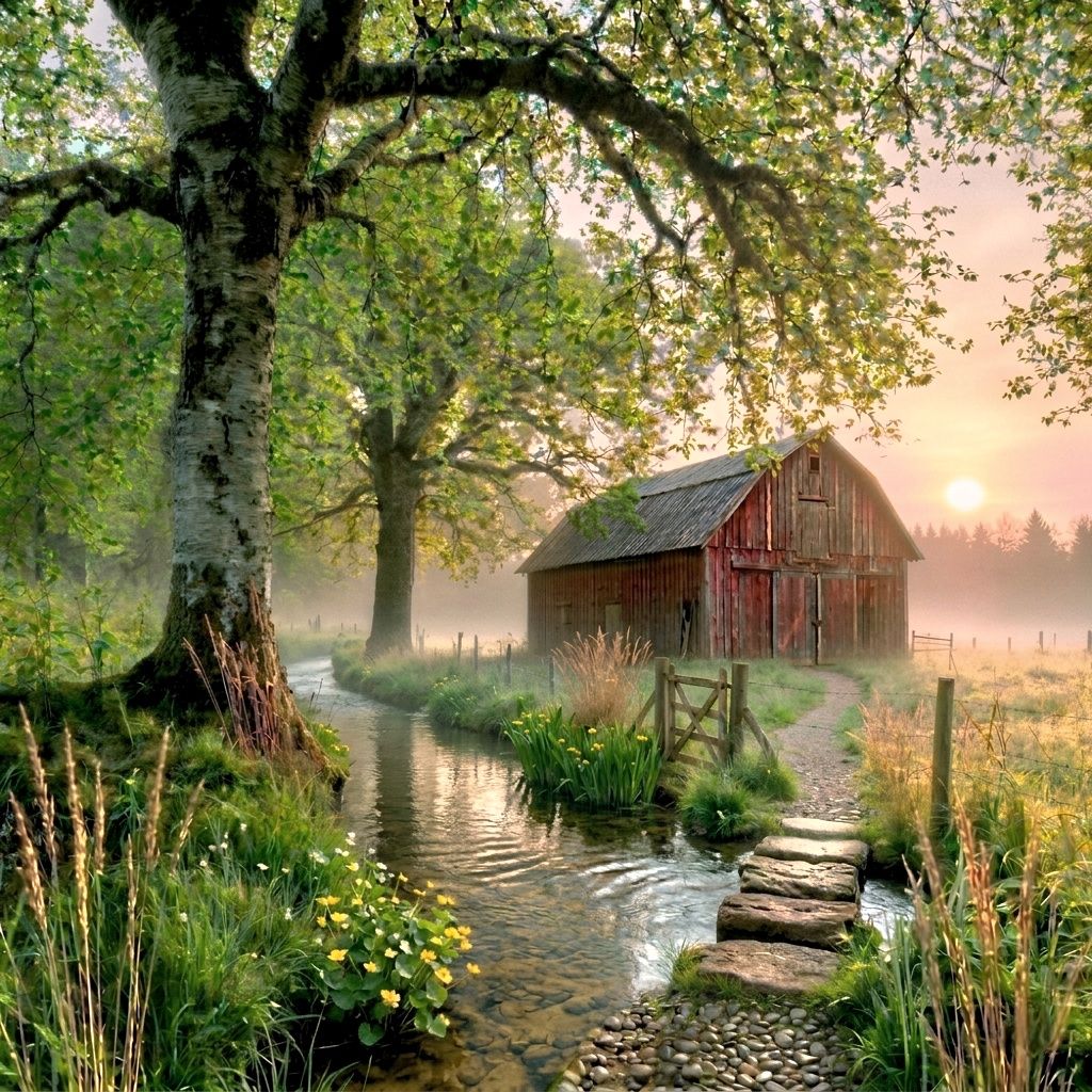 Red barn beside a stream at sunrise with large trees, flowers, and misty fields