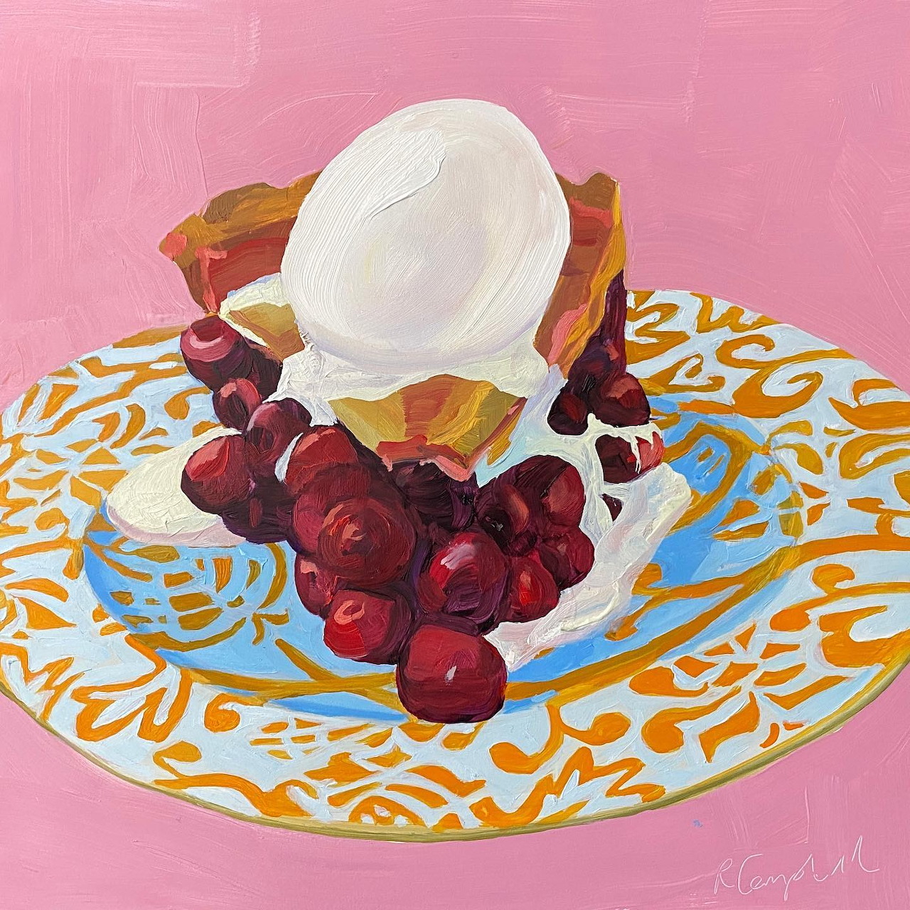 Painting of cherry pie slice with cherries on yellow patterned plate, pink background
