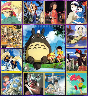 Grid collage of Studio Ghibli movie scenes with Totoro at center surrounded by characters from various films
