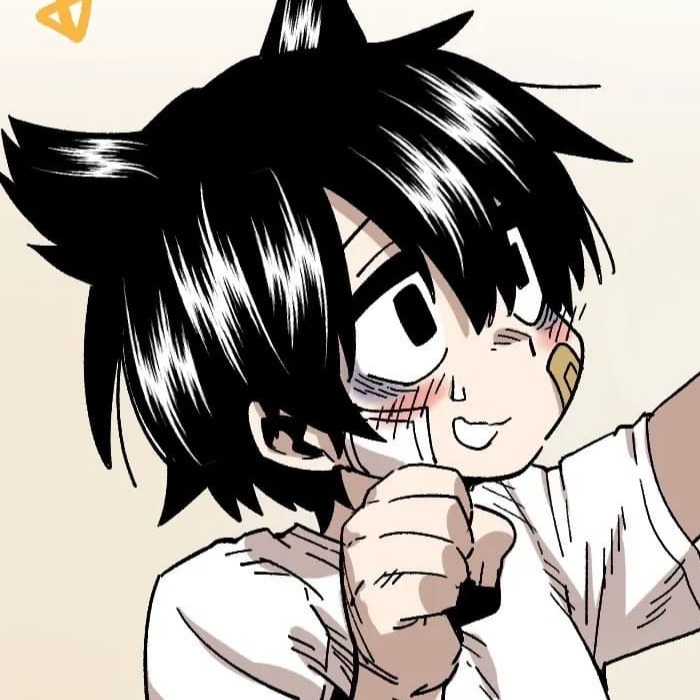 Anime boy with black hair, blushing cheeks, and a thumbs-up gesture