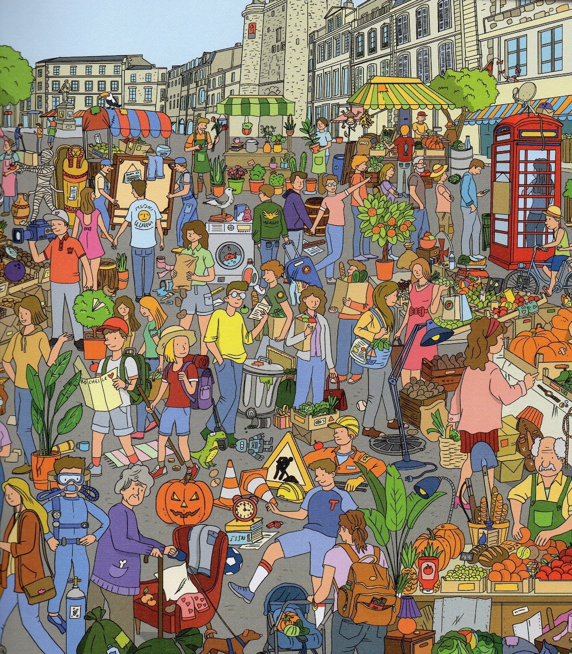Busy illustrated market scene with diverse crowd, stalls, and European architecture in La Rochelle