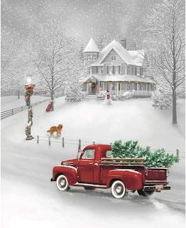 Red pickup truck with Christmas tree in snowy farmhouse scene with snowman and golden retriever