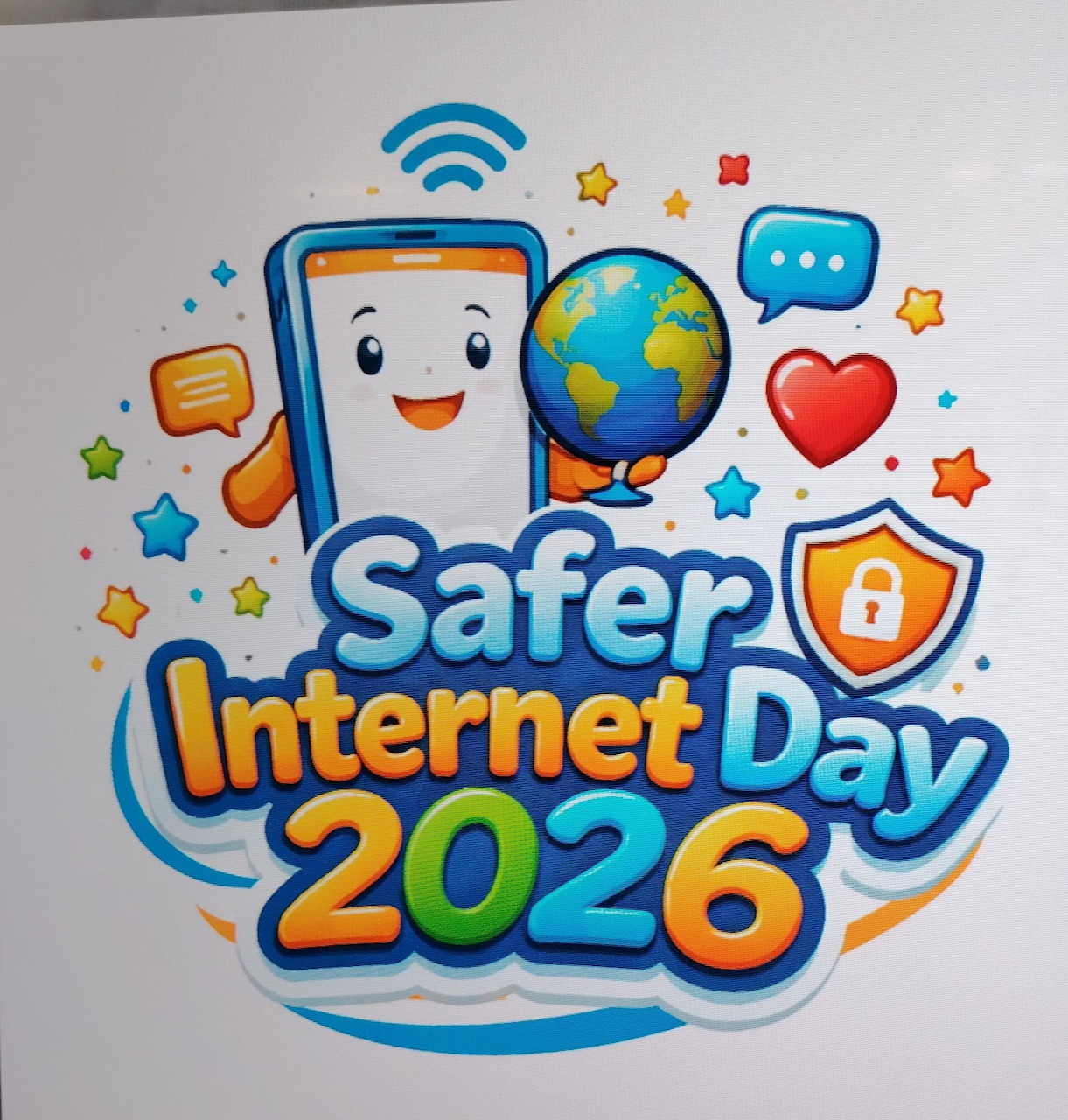 Safer Internet Day 2026 cartoon logo with smartphone, globe, heart, shield and wifi icons on white background