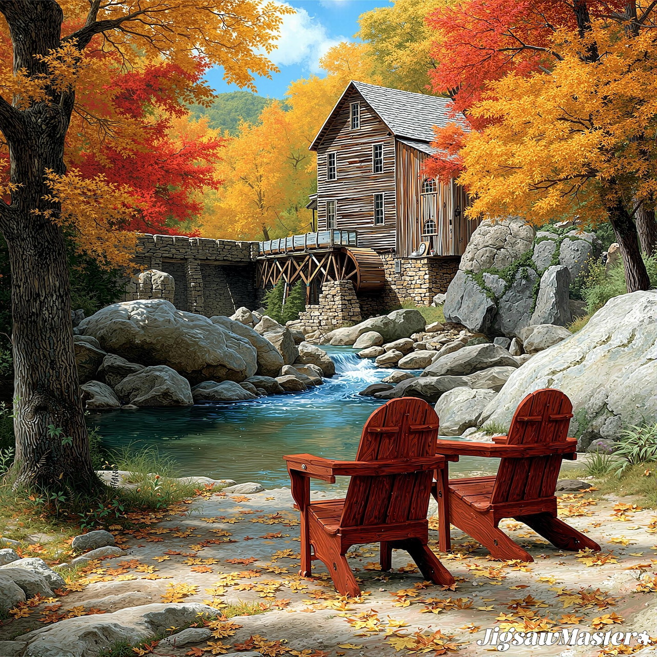 Painting of a rustic mill by a stream with autumn trees and two red chairs