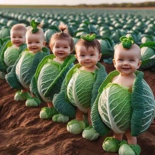 Baby faces digitally composited onto cabbage heads arranged in rows in a dirt field