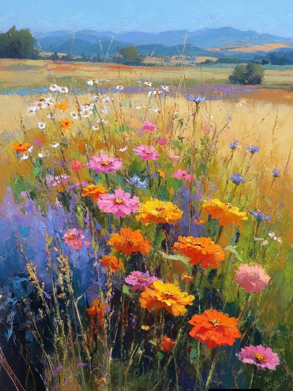 Painting of colorful wildflowers in a meadow with golden grass and distant blue hills