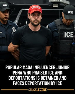 Man in red cap escorted by two ICE officers with a text overlay about detention