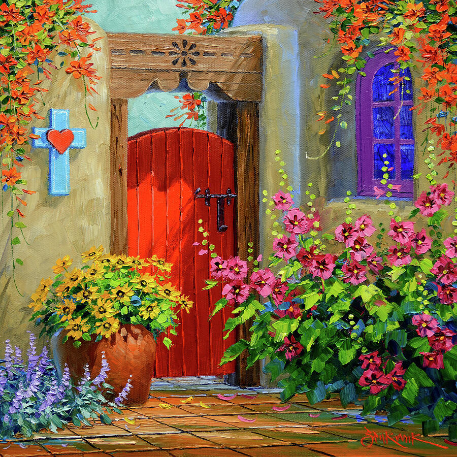 Painting of red wooden door surrounded by colorful blooming flowers in sunny garden courtyard