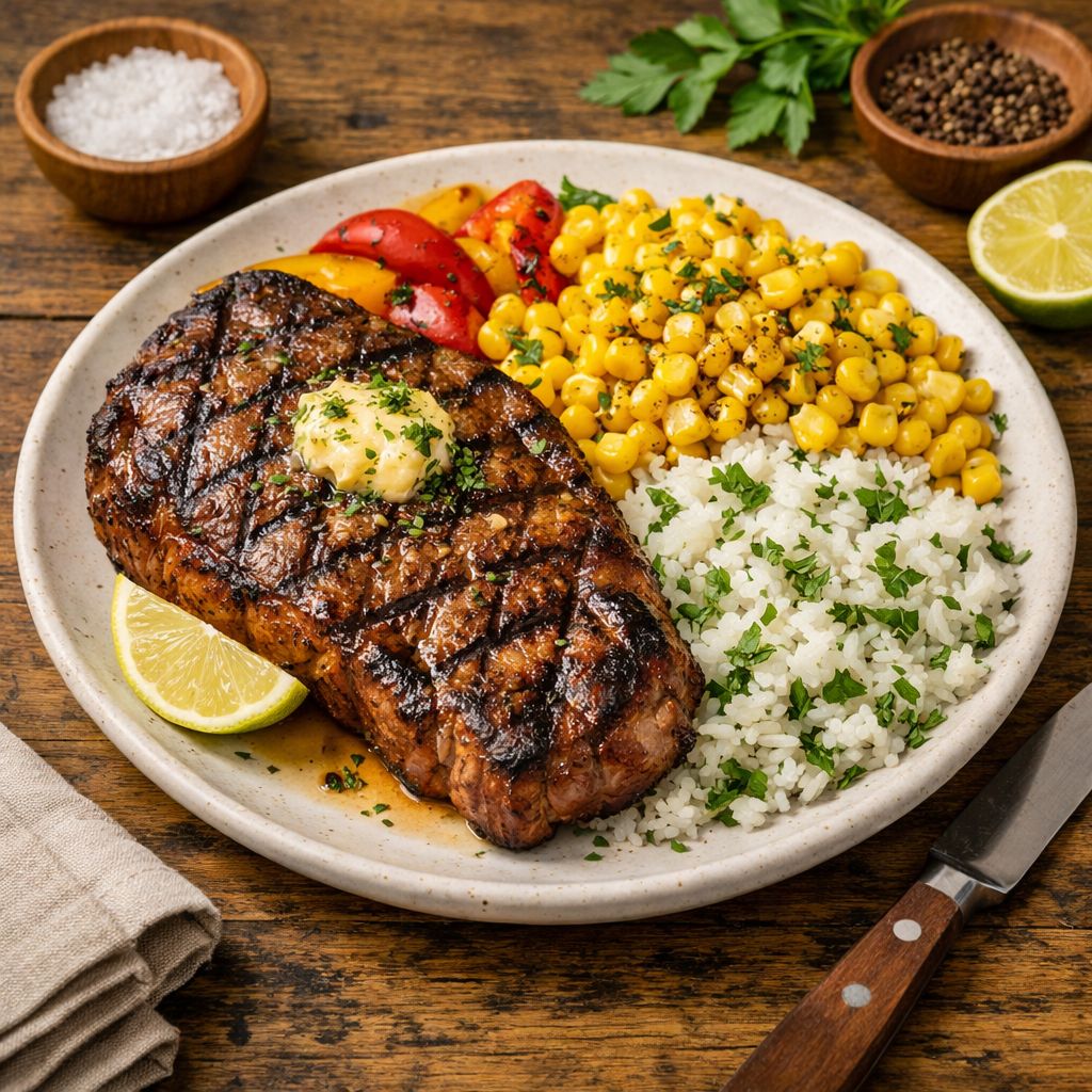 Grilled steak dinner plate with corn, rice, peppers and lime on wooden table