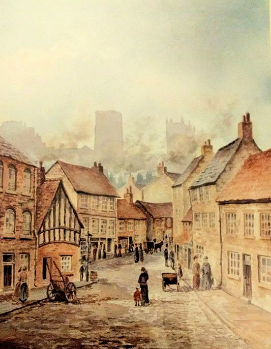 Vintage painting of a village street with cottages, people, and horse-drawn carts