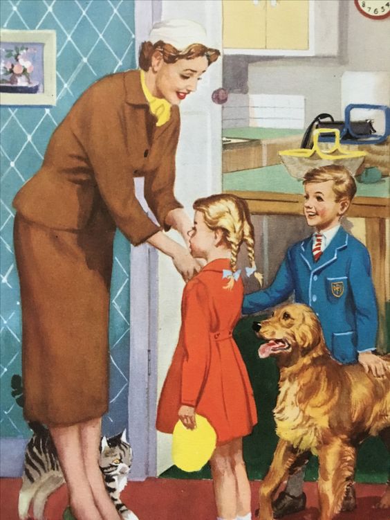Vintage illustration of mother in brown suit with three children and golden dog in 1950s kitchen preparing to leave