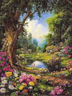 Vibrant forest garden with flowering trees, stream, and sunlit mountain valley beyond