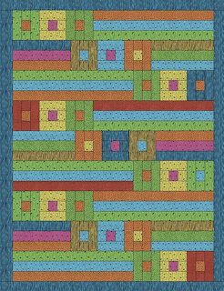 Colorful geometric quilt with nested squares and rectangles in bright hues on textured background