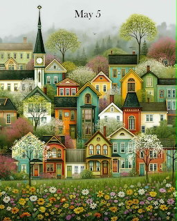 Colorful folk-art village of Victorian houses with blooming trees and wildflowers under a misty sky