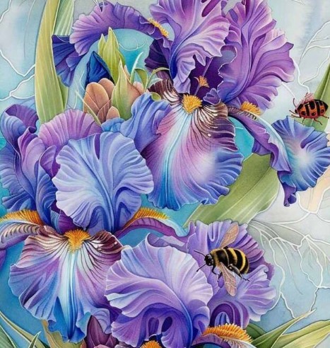 Purple and blue iris flowers with bees, detailed ruffled petals in soft pastel colors