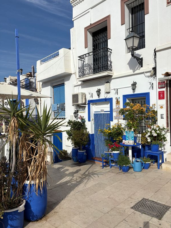 White Mediterranean house with blue doors, balconies, and potted plants in a sunny courtyard.