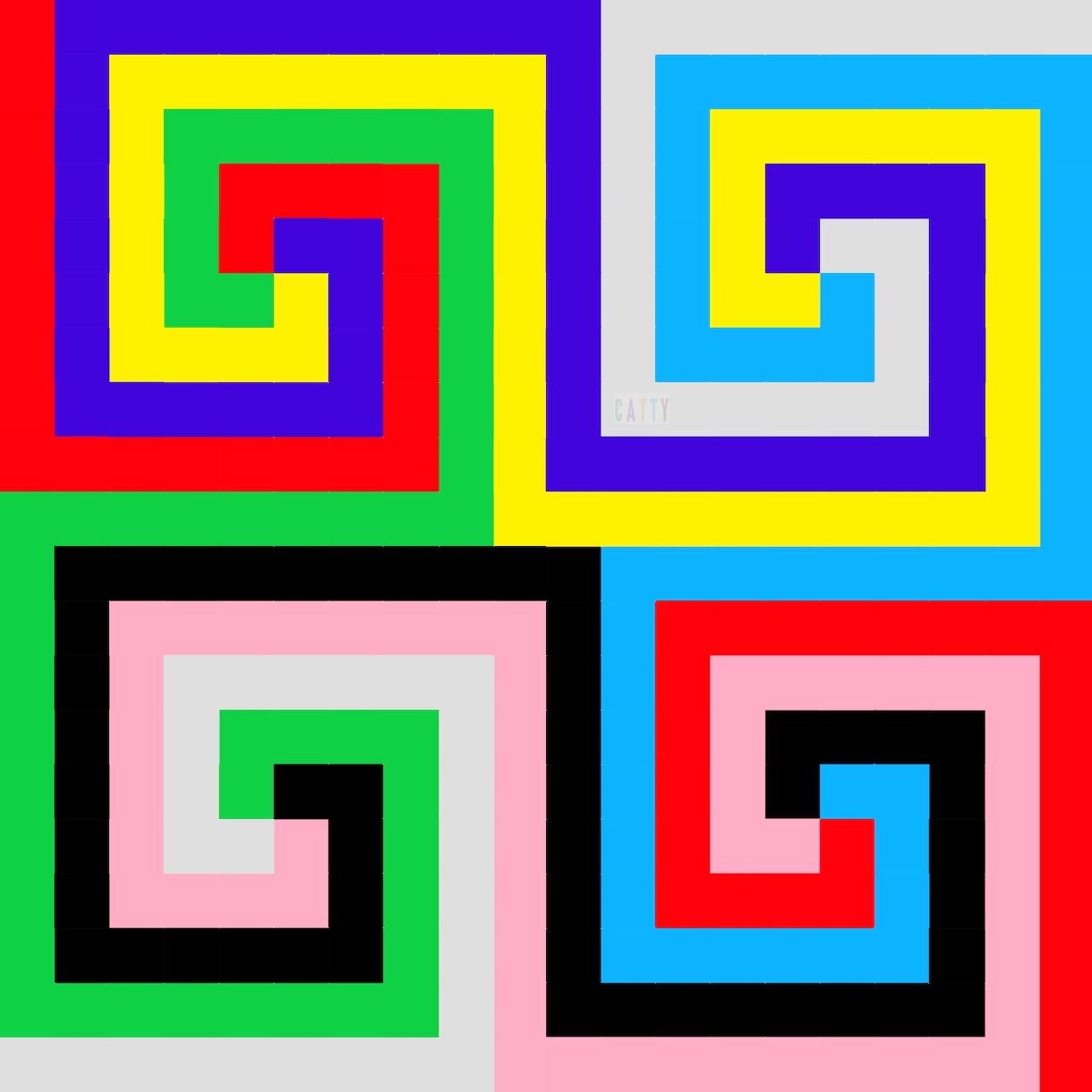 Four colorful spiral square patterns arranged in a grid with bold geometric shapes and vibrant contrasting colors